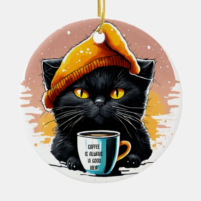 Schwarze Katze trinken einen Kappenkaffee Ornament (Vorne)