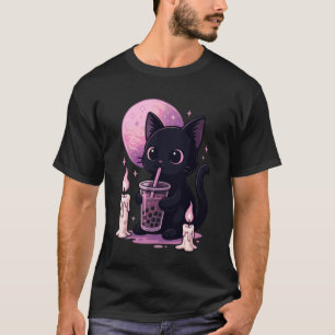 Schwarze Katze trinkt Boba Goth Bubble Tea T-Shirt