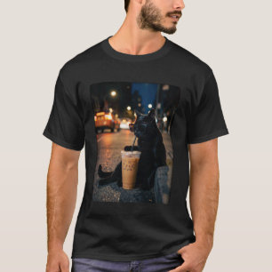 Schwarze Katze trinkt Eiskaffee Lustiges Tier Meme T-Shirt