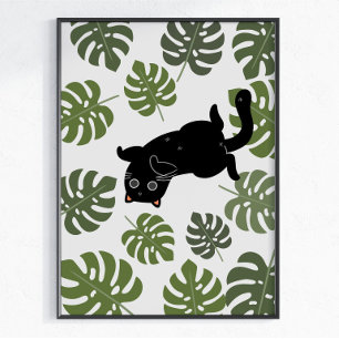Schwarze Katze Tropische Blätter Pflanzenliebhaber Poster