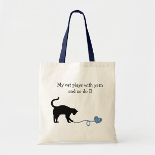 Schwarze Katze u. Herz-geformtes Garn (blau) Tragetasche