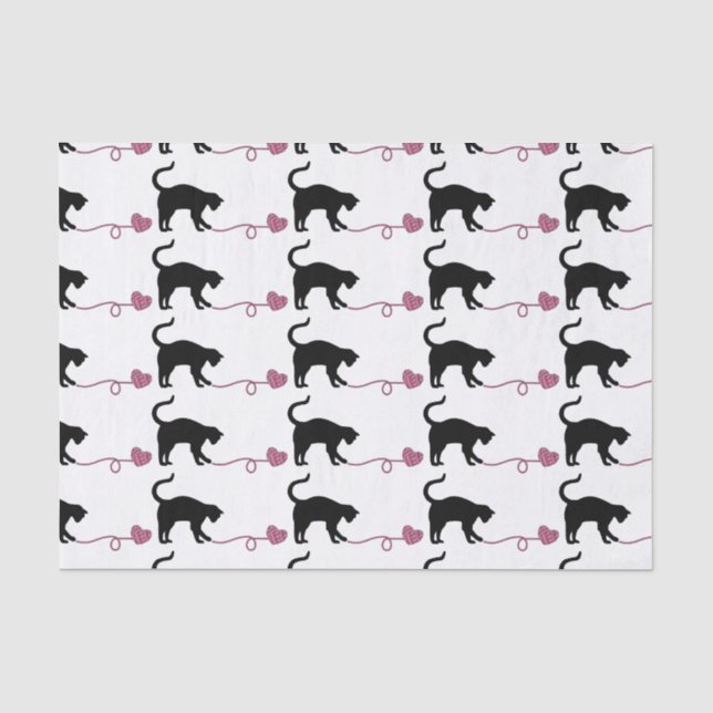Schwarze Katze u. Herz-geformtes Garn (Rosa) Seidenpapier (Vorderseite)
