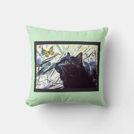 Schwarze Katze u. Schmetterling (auf tadellosem Kissen