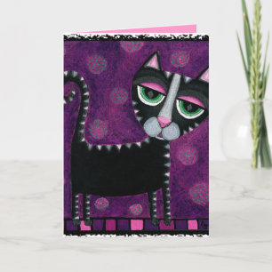 Schwarze Katze u. Tupfen - katzenartige Grußkarte Karte