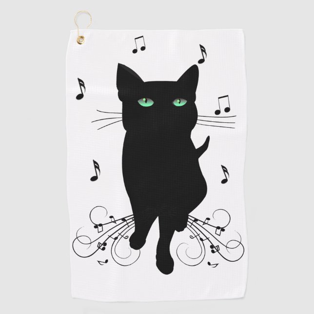 Schwarze Katze umgeben von flüsternden Noten der M Golfhandtuch (Vorderseite)