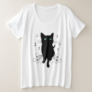 Schwarze Katze umgeben von flüsternden Noten der M Große Größe T-Shirt