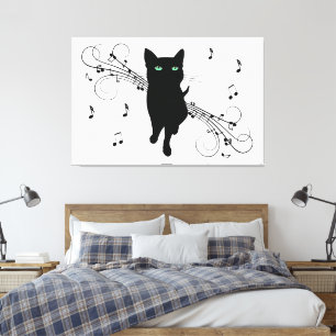 Schwarze Katze umgeben von flüsternden Noten der M Leinwanddruck