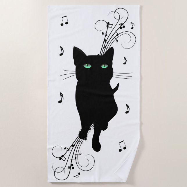 Schwarze Katze umgeben von flüsternden Noten der M Strandtuch (Vorderseite)