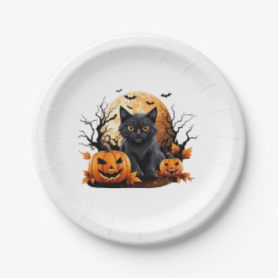 Schwarze Katze, umgeben von Kürbis Pappteller