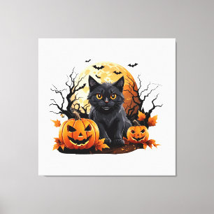 Schwarze Katze umgeben von Kürbissen Leinwanddruck