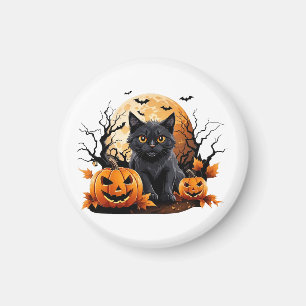 Schwarze Katze umgeben von Kürbissen Magnet