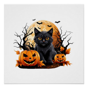 Schwarze Katze umgeben von Kürbissen Poster