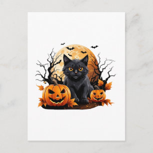 Schwarze Katze umgeben von Kürbissen Postkarte