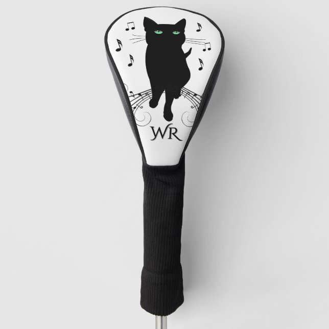 Schwarze Katze umgeben von Noten der Musik Persönl Golf Headcover (Vorderseite)