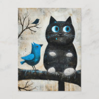 Schwarze Katze und Blauer Vogel auf Zweig beängsti