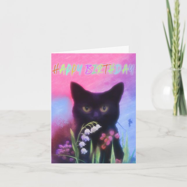 SCHWARZE KATZE UND BLUME BIRTHDAKARTE KARTE (Vorderseite)