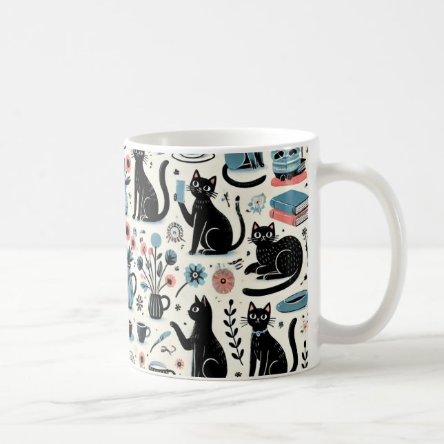 Schwarze Katze und Blume Kaffeetasse (Rechts)