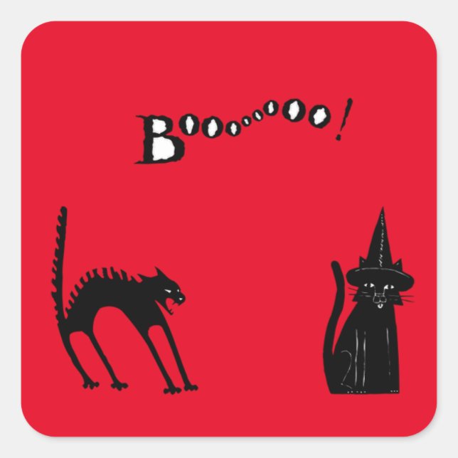 SCHWARZE KATZE- UND BOO-HALLOWEEN SQUARE-KLEIDUNG QUADRATISCHER AUFKLEBER (Vorderseite)
