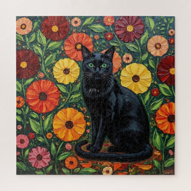 Schwarze Katze und bunte Volkskunstblumen (Vertikal)