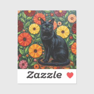 Schwarze Katze und bunte Volkskunstblumen Aufkleber