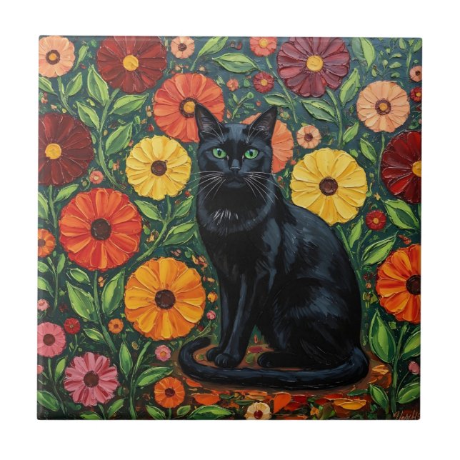Schwarze Katze und bunte Volkskunstblumen Fliese (Vorderseite)