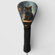 Schwarze Katze und Café bei Nacht