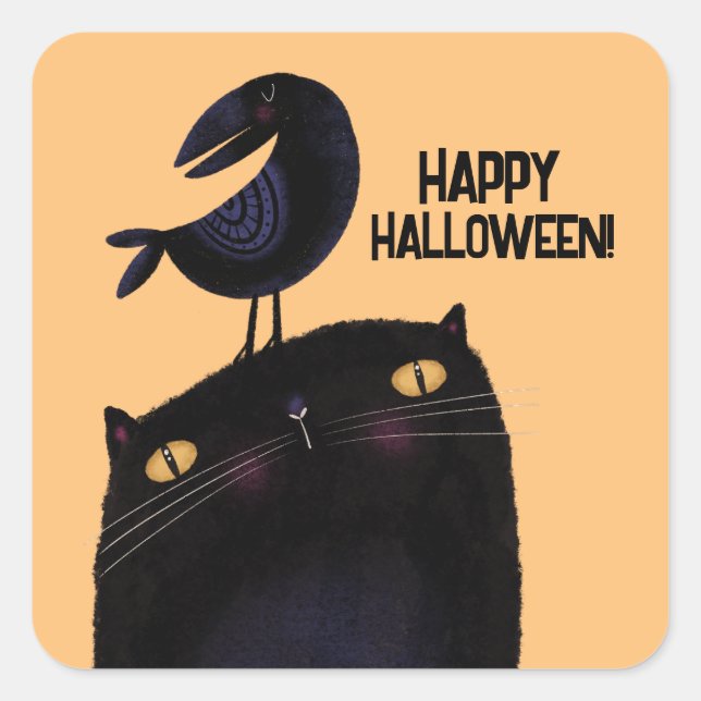 Schwarze Katze und Crow Quadratischer Aufkleber (Vorderseite)