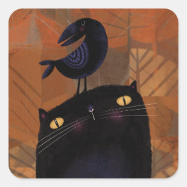 Schwarze Katze und Crow Quadratischer Aufkleber
