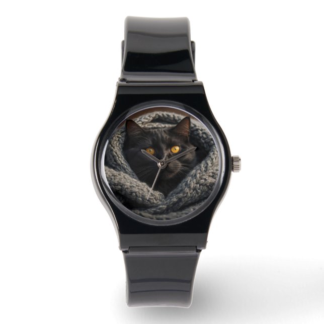 Schwarze Katze und Decken Armbanduhr (Vorderseite)