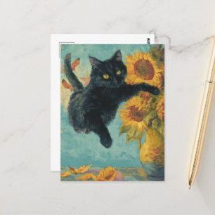 Schwarze Katze und eine Vase mit Sonnenblumen Postkarte