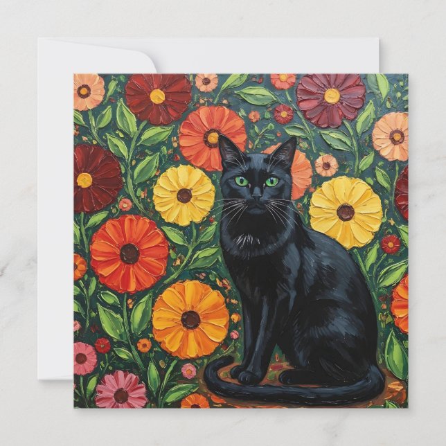 Schwarze Katze und farbenfrohe Blume der Folk (Vorderseite)