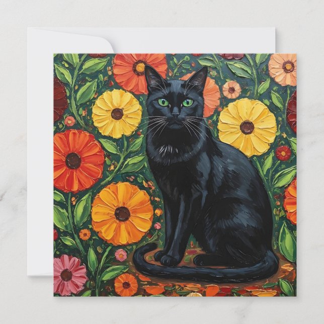 Schwarze Katze und farbenfrohe Blume der Folk Karte (Vorderseite)