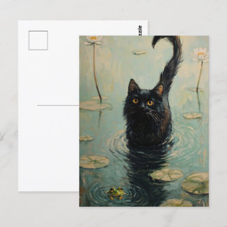Schwarze Katze und Frosch im Seerosenteich Postkarte