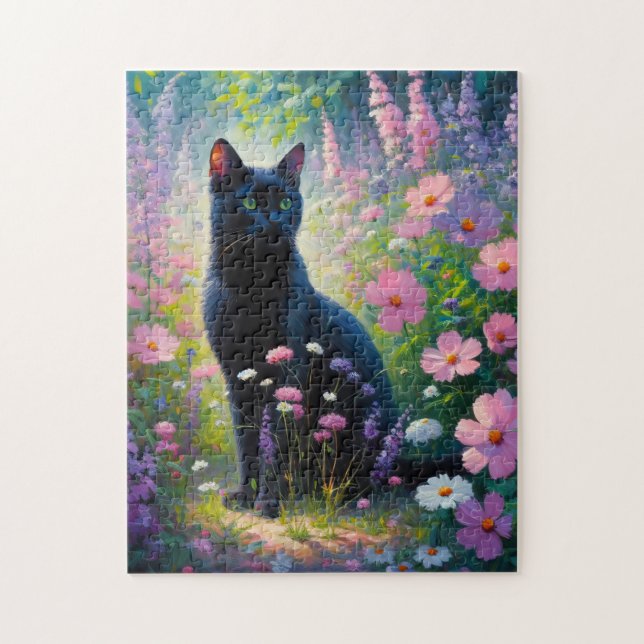 Schwarze Katze und Frühlingsohlen Wildblumen Ölgem (Vertikal)