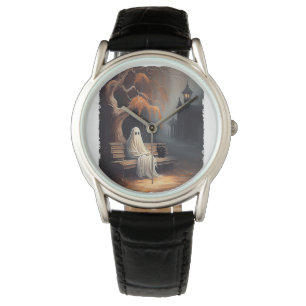 Schwarze Katze und Geist sitzen auf Bank Halloween Armbanduhr