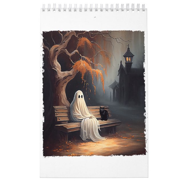 Schwarze Katze und Geist sitzen auf Bank Halloween Kalender (Titelbild)