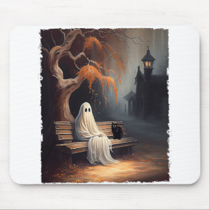 Schwarze Katze und Geist sitzen auf Bank Halloween Mousepad