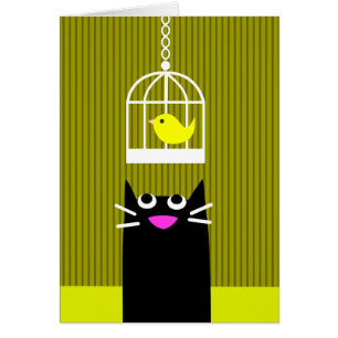Schwarze Katze und gelber Vogel