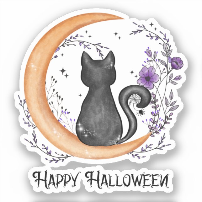 Schwarze Katze und Halbmond zu glücklichen Hallowe Aufkleber (Vorderseite)