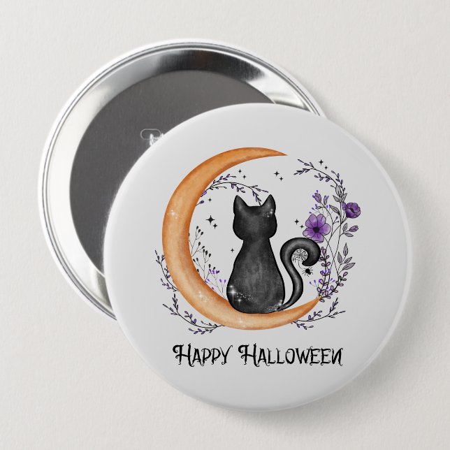 Schwarze Katze und Halbmond zu glücklichen Hallowe Button (Vorne & Hinten)