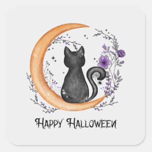 Schwarze Katze und Halbmond zu glücklichen Hallowe Quadratischer Aufkleber