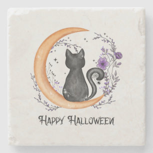 Schwarze Katze und Halbmond zu glücklichen Hallowe Steinuntersetzer