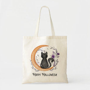 Schwarze Katze und Halbmond zu glücklichen Hallowe Tragetasche