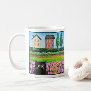 Schwarze Katze und Häschen im Tulpenbeet Süße Kuns Kaffeetasse