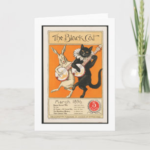 Schwarze Katze und Hase spielen Banjo Karte