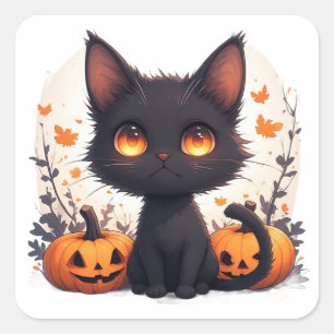 Schwarze Katze und Herbstkürbis Quadratischer Aufkleber