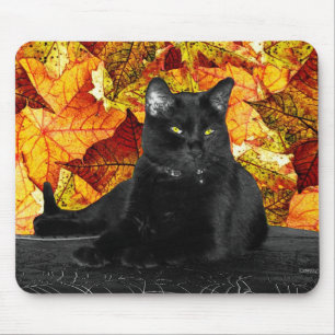 Schwarze Katze und Herbstlaub Mousepad
