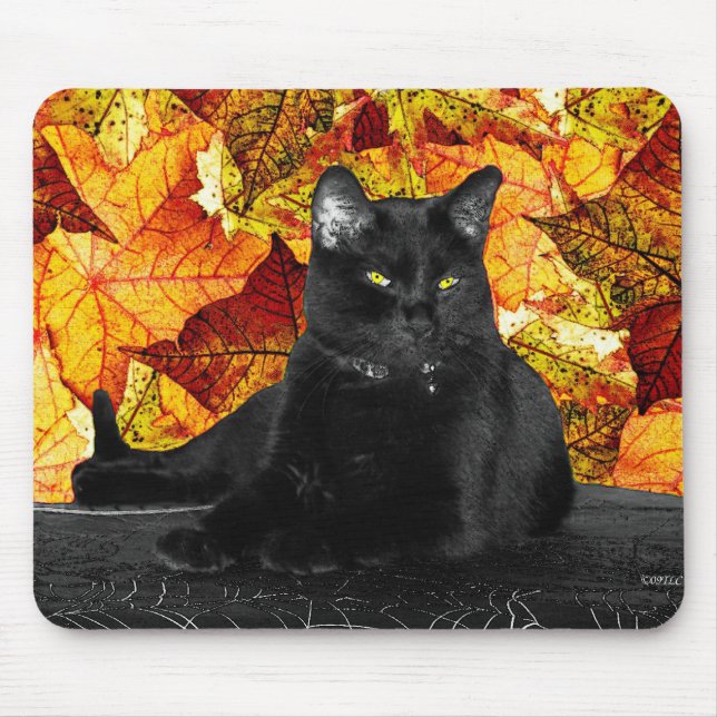 Schwarze Katze und Herbstlaub Mousepad (Vorne)