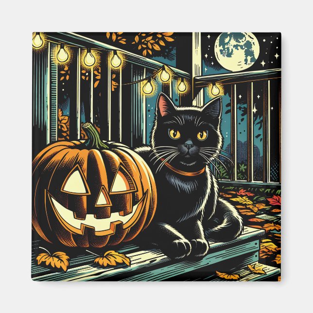 Schwarze Katze und Jack-O-Lantern Halloween Magnet (Vorne)
