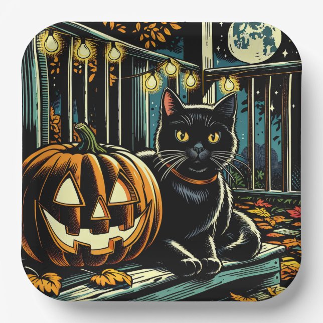 Schwarze Katze und Jack-O-Lantern Halloween Pappteller (Vorderseite)